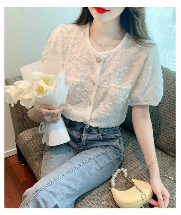 Fashion OL Buttons Round Neck Petals Lace Blouse 4