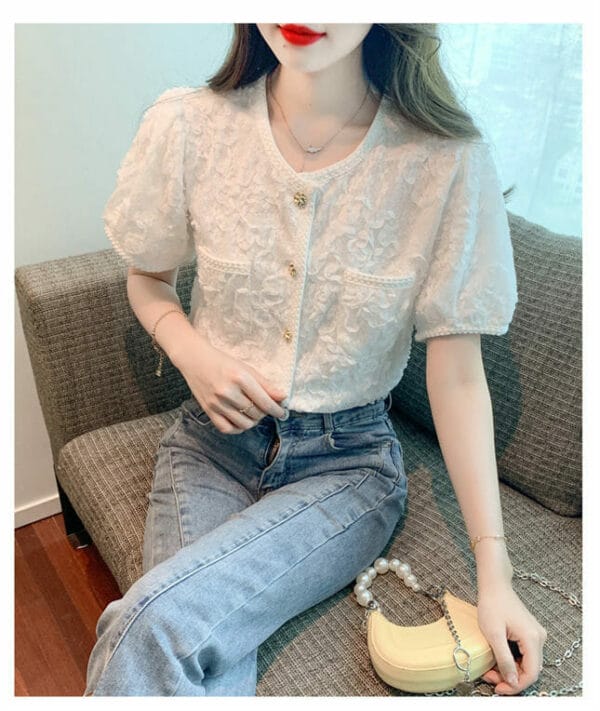 Fashion OL Buttons Round Neck Petals Lace Blouse 2