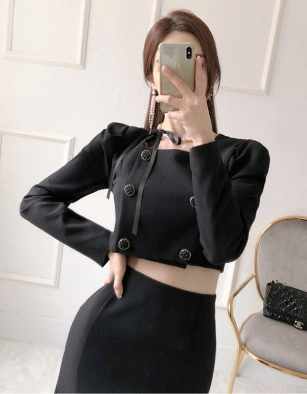 Fashion OL Double-breasted Square Collar Fishtail Dress Set 2