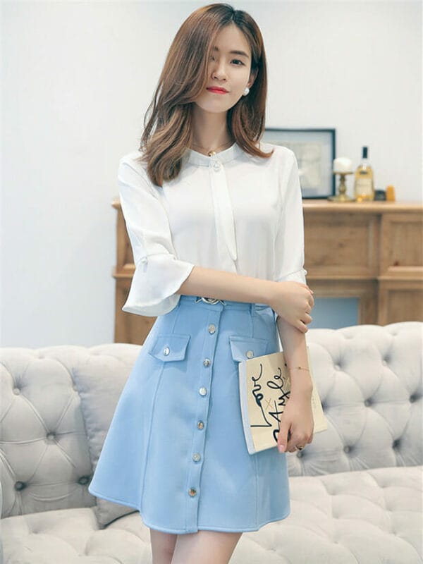 Fashion OL Flare Sleeve Chiffon Blouse with Single-breasted Skirt 5