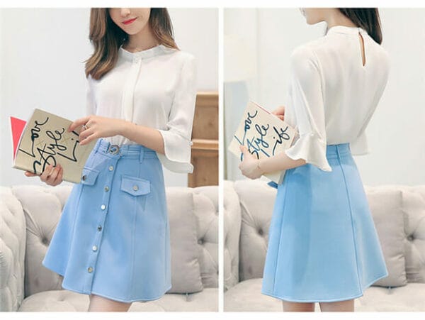 Fashion OL Flare Sleeve Chiffon Blouse with Single-breasted Skirt 4