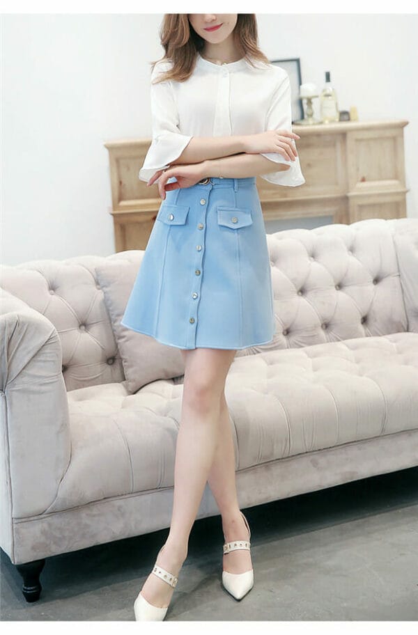 Fashion OL Flare Sleeve Chiffon Blouse with Single-breasted Skirt 3