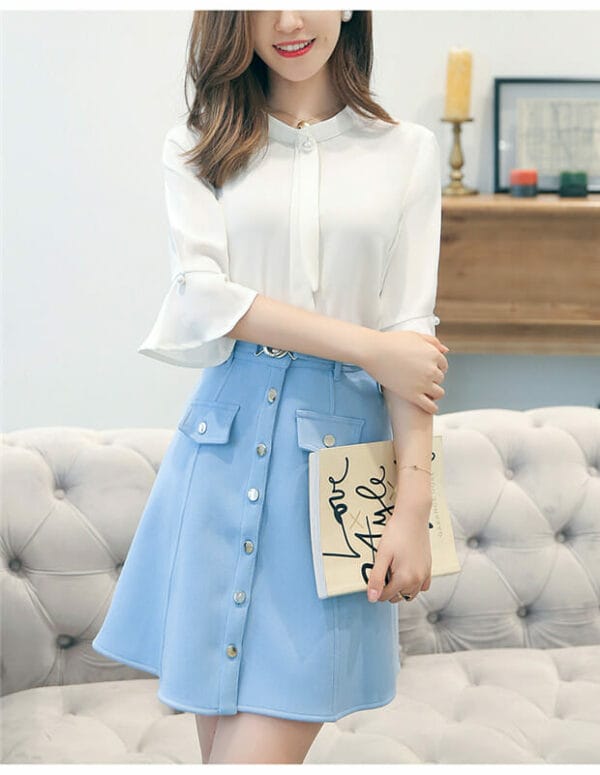 Fashion OL Flare Sleeve Chiffon Blouse with Single-breasted Skirt 2