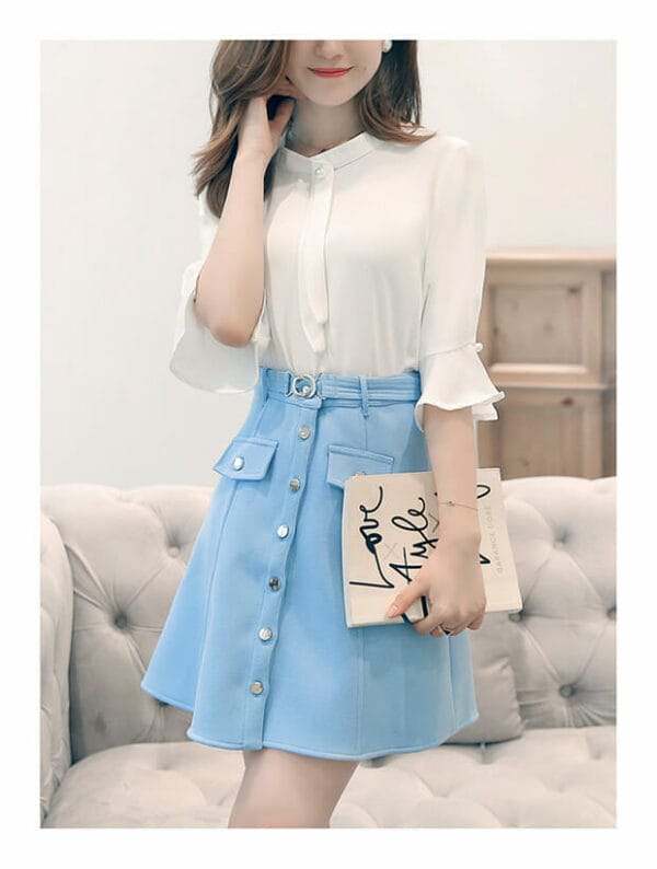 Fashion OL Flare Sleeve Chiffon Blouse with Single-breasted Skirt 1