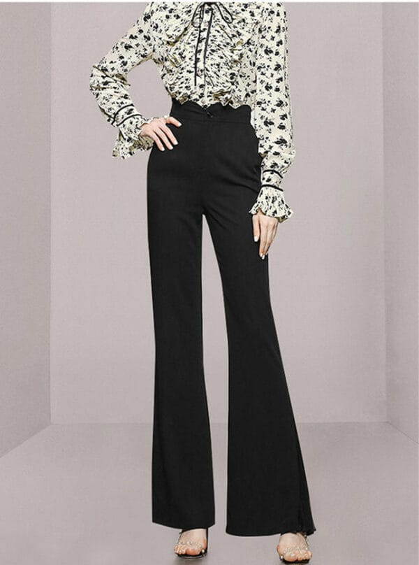 Fashion OL Flouncing Flowers Blouse with High Waist Long Pants 4