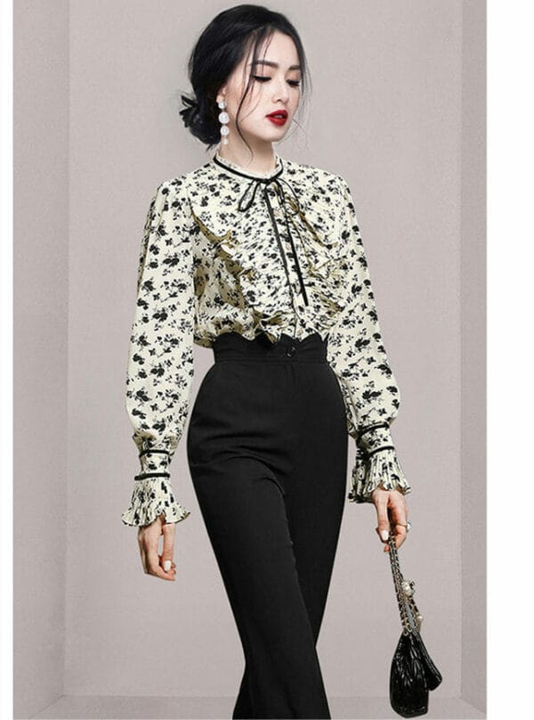 Fashion OL Flouncing Flowers Blouse with High Waist Long Pants 3