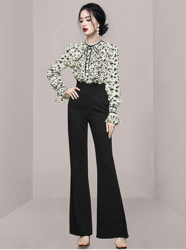 Fashion OL Flouncing Flowers Blouse with High Waist Long Pants 2