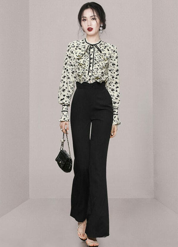 Fashion OL Flouncing Flowers Blouse with High Waist Long Pants 1