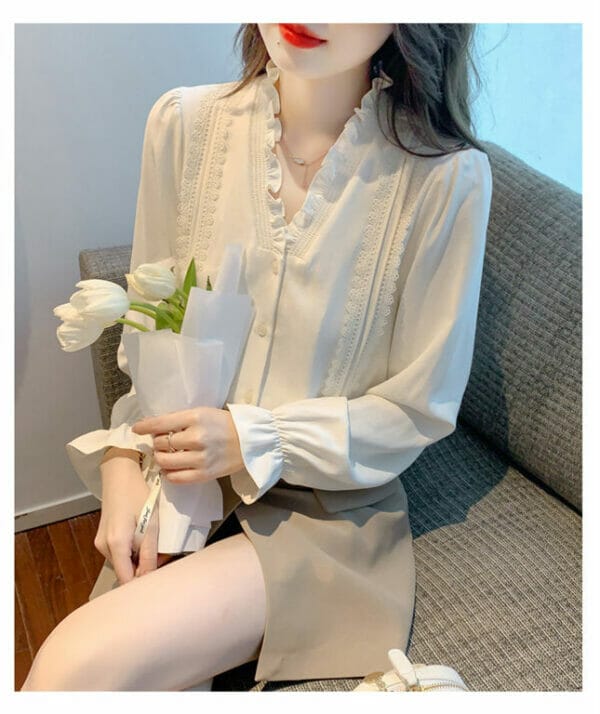 Fashion OL Flouncing V-neck Lace Splicing Long Sleeve Blouse 4