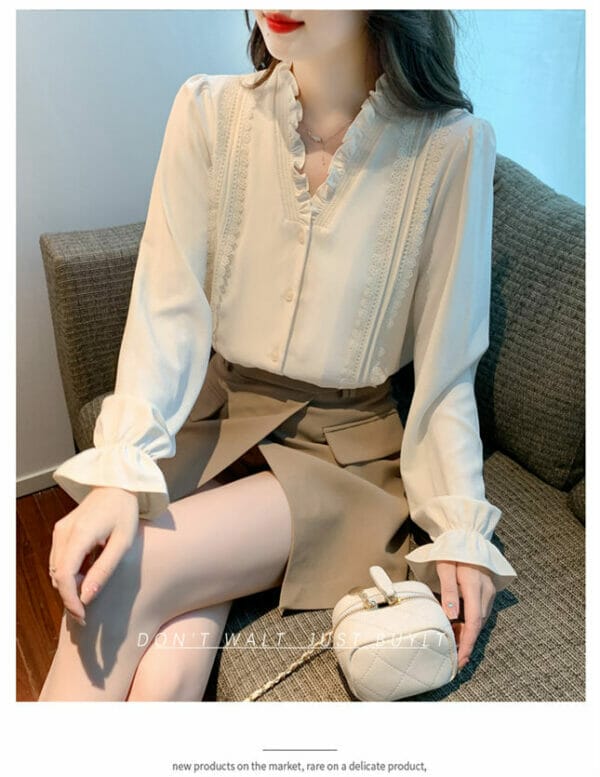 Fashion OL Flouncing V-neck Lace Splicing Long Sleeve Blouse 3