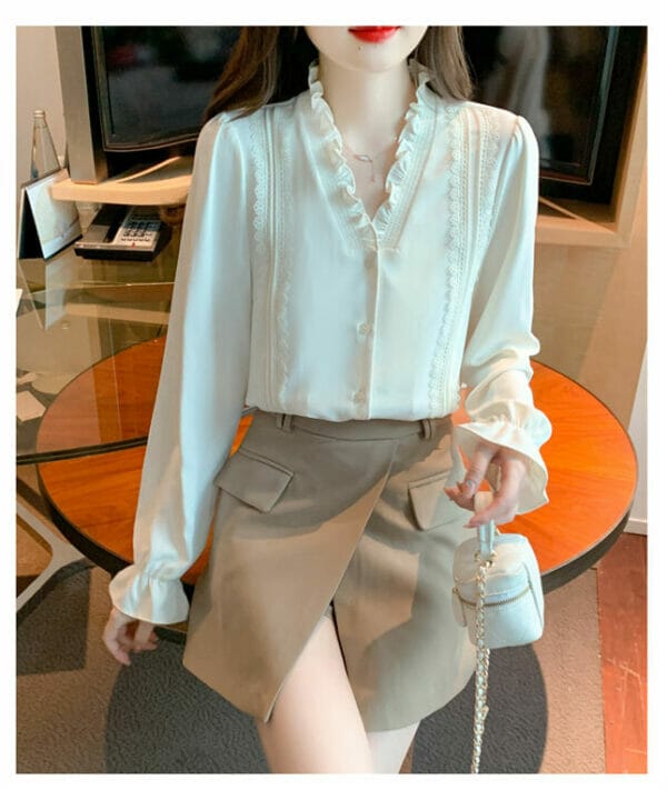 Fashion OL Flouncing V-neck Lace Splicing Long Sleeve Blouse 2