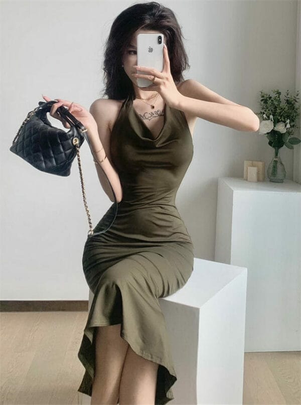 Fashion OL Halter Backless Heaps Collar Fishtail Slim Dress 1