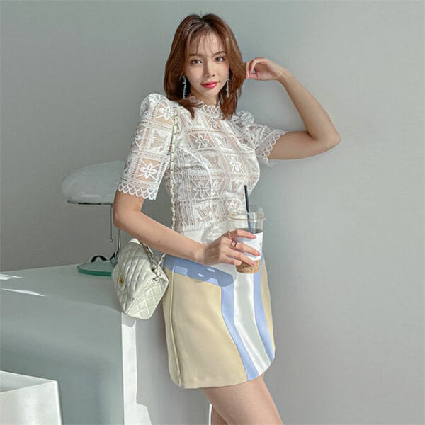 Fashion OL Lace Flowers Blouse with Color Block Short Skirt 2