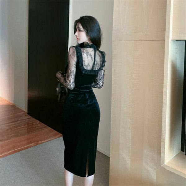 Fashion OL Lace Flowers Splicing Velvet Slim Long Dress 6