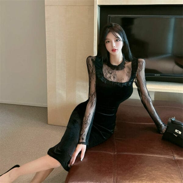 Fashion OL Lace Flowers Splicing Velvet Slim Long Dress 3