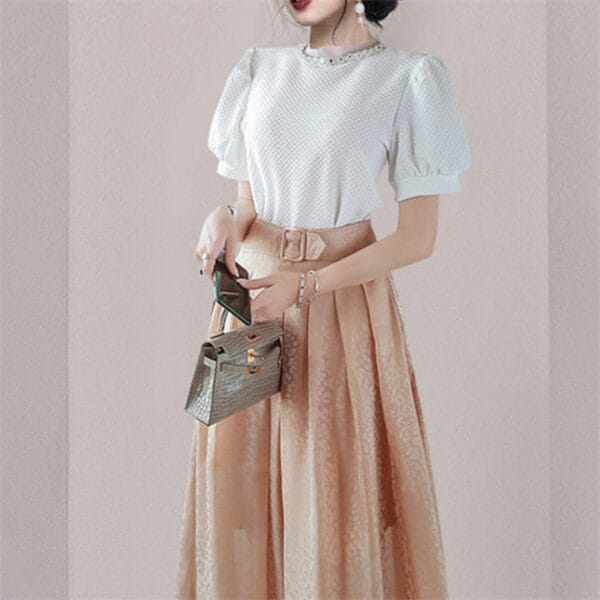 Fashion OL Puff Sleeve Blouse with High Waist Long Skirt 4