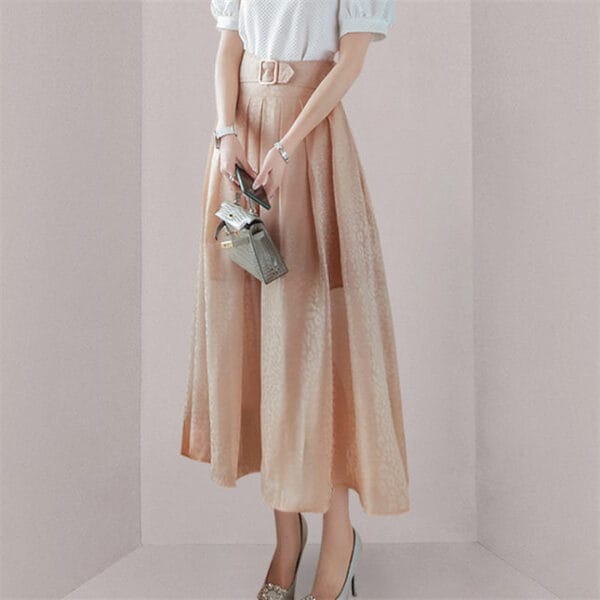 Fashion OL Puff Sleeve Blouse with High Waist Long Skirt 3