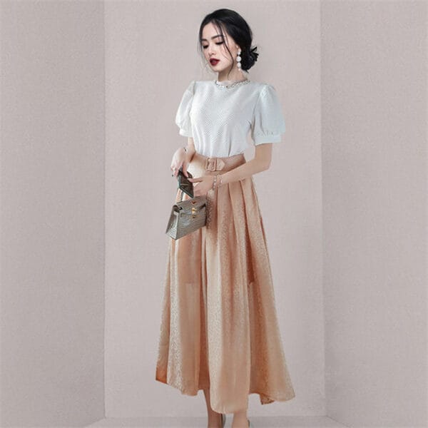 Fashion OL Puff Sleeve Blouse with High Waist Long Skirt 2