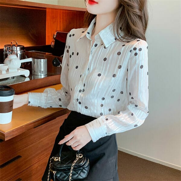 Fashion OL Shirt Collar Dots Stripes Long Sleeve Blouse 4