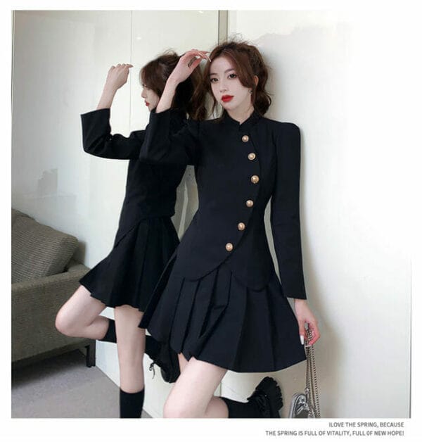 Fashion OL Single-breasted Short Jacket with Pleated A-line Skirt 4