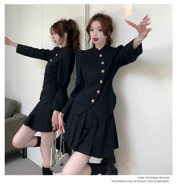 Fashion OL Single-breasted Short Jacket with Pleated A-line Skirt 3