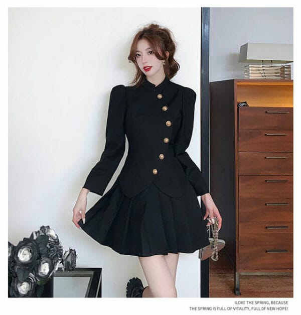 Fashion OL Single-breasted Short Jacket with Pleated A-line Skirt 2