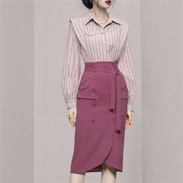 Fashion OL Stripes Blouse with Double-breasted Midi Skirt 4