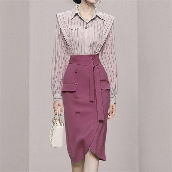 Fashion OL Stripes Blouse with Double-breasted Midi Skirt 3