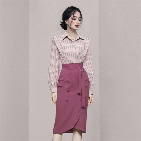 Fashion OL Stripes Blouse with Double-breasted Midi Skirt 2