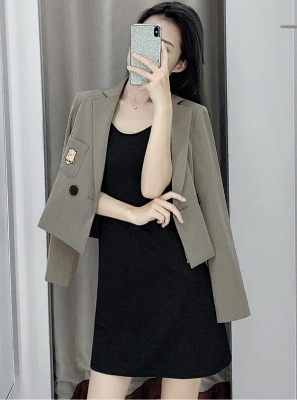 Fashion OL Tailored Collar Short Jacket with Straps A-line Dress 1