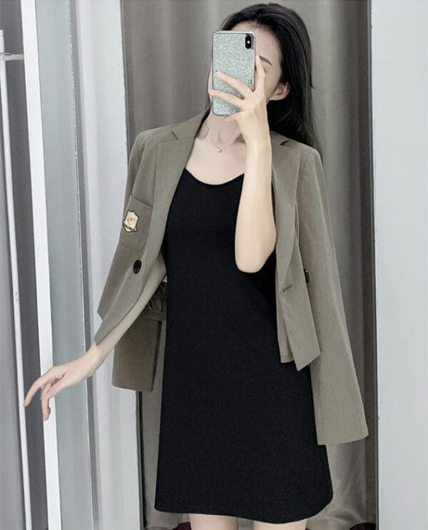 Fashion OL Tailored Collar Short Jacket with Straps A-line Dress 2