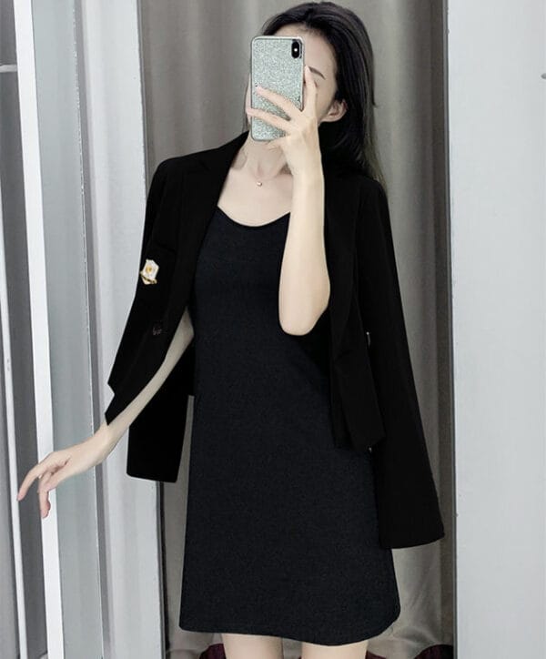 Fashion OL Tailored Collar Short Jacket with Straps A-line Dress 4