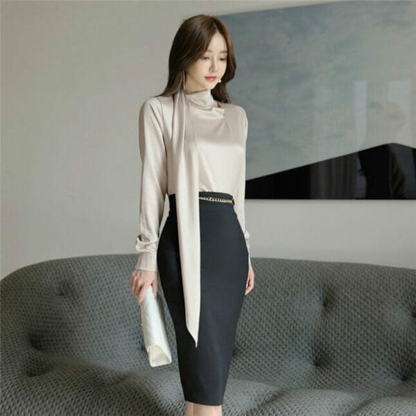 Fashion OL Tie Collar Chain Waist Slim Dress Set 2