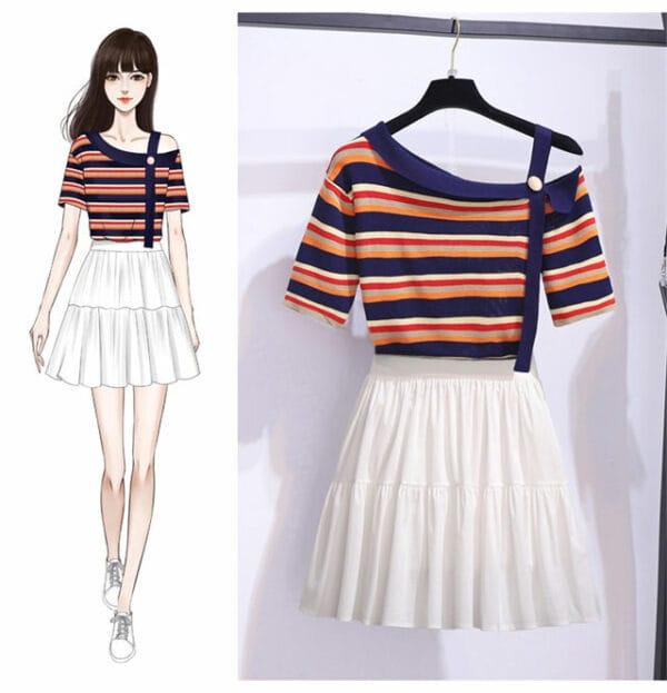 Fashion Off Shoulder Stripes Tops with Fishtail Skirt 2