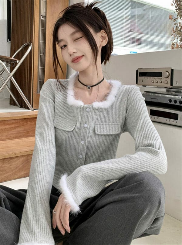 Fashion Preppy Fur Collar Buttons Open Knitting T-shirts 1