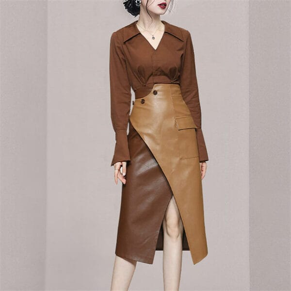 Fashion Retro V-neck Blouse with Color Block Leather Long Skirt 4