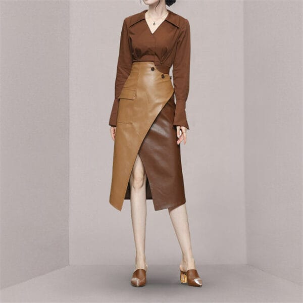 Fashion Retro V-neck Blouse with Color Block Leather Long Skirt 3