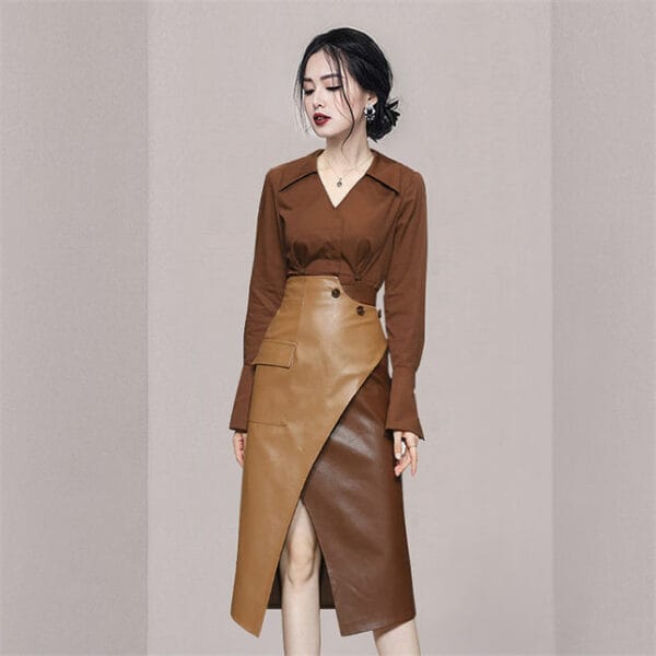 Fashion Retro V-neck Blouse with Color Block Leather Long Skirt 2