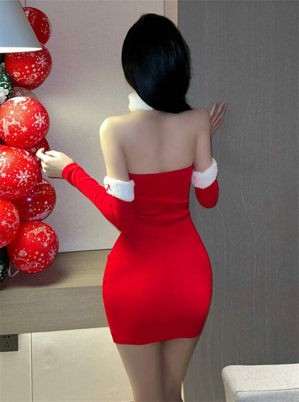 Fashion Sexy 2 Colors Fur Splicing Slim Strapless Dress 5