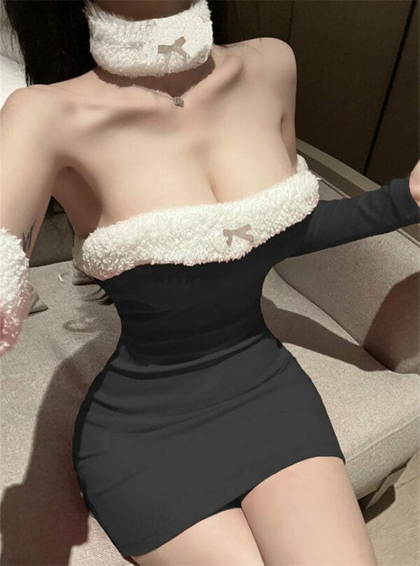 Fashion Sexy 2 Colors Fur Splicing Slim Strapless Dress 2