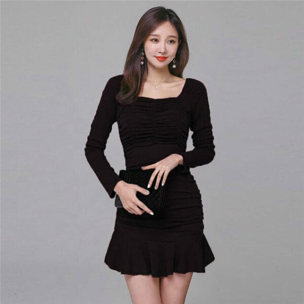 Fashion Sexy 2 Colors Pleated Square Collar Fishtail Dress 4