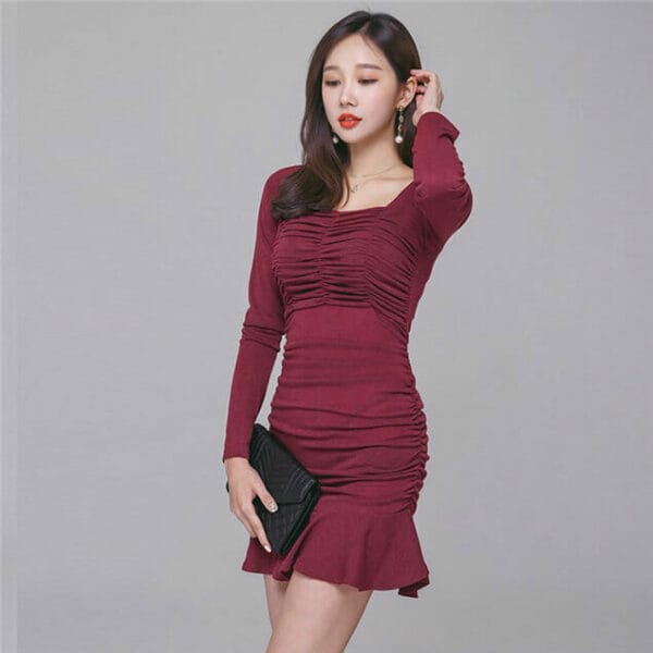Fashion Sexy 2 Colors Pleated Square Collar Fishtail Dress 2