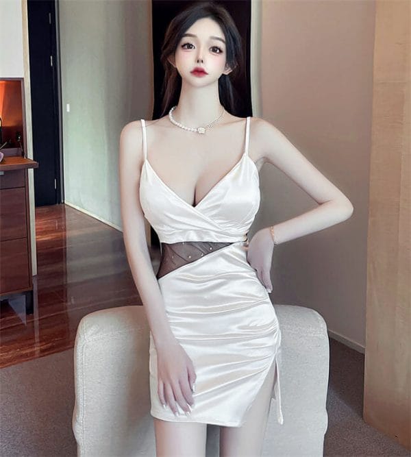 Fashion Sexy 4 Colors V-neck Gauze Splicing Pleated Straps Dress 6
