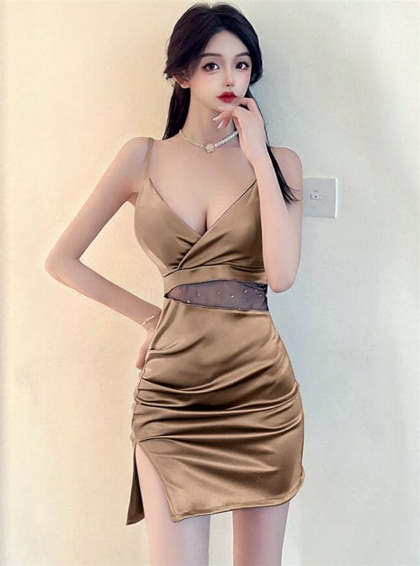 Fashion Sexy 4 Colors V-neck Gauze Splicing Pleated Straps Dress 1