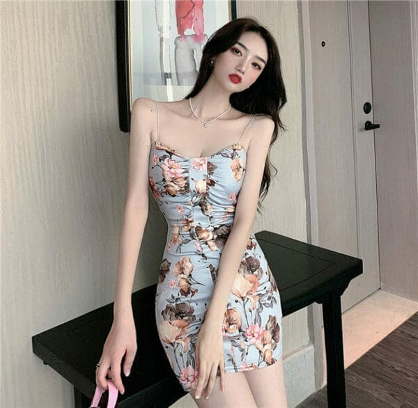 Fashion Sexy Flowers Low Bust Straps Slim Dress 3