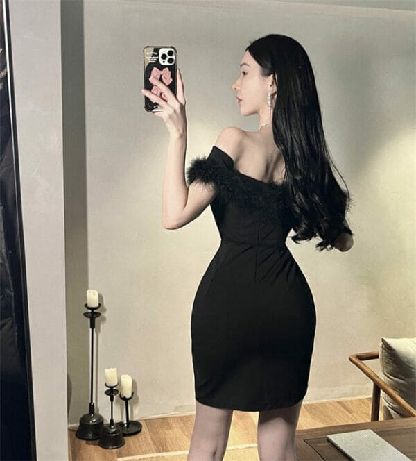 Fashion Sexy Fur Sleeve Boat Neck Split Bodycon Dress 5