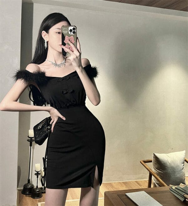 Fashion Sexy Fur Sleeve Boat Neck Split Bodycon Dress 4