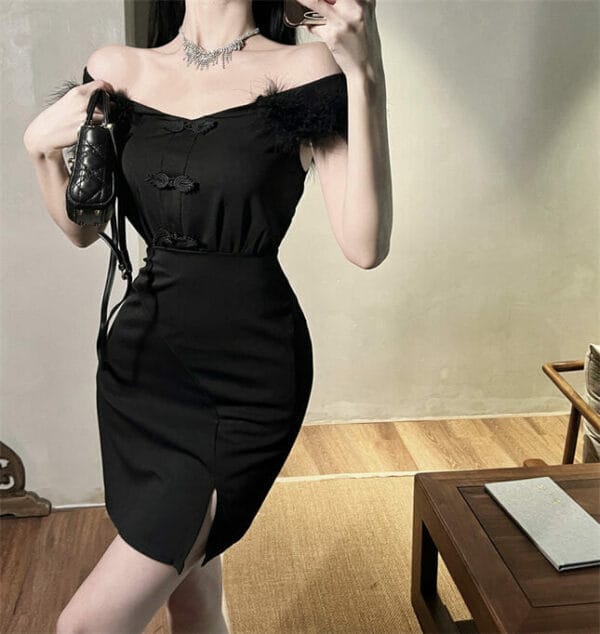 Fashion Sexy Fur Sleeve Boat Neck Split Bodycon Dress 3