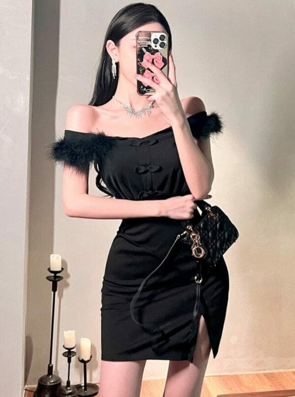 Fashion Sexy Fur Sleeve Boat Neck Split Bodycon Dress 1