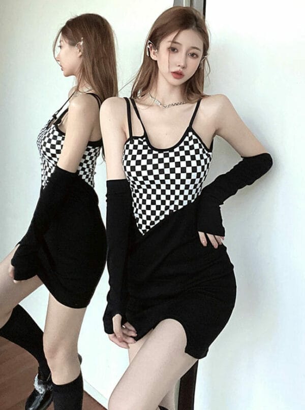 Fashion Sexy Plaids Splicing Straps Skinny Knitting Dress 4